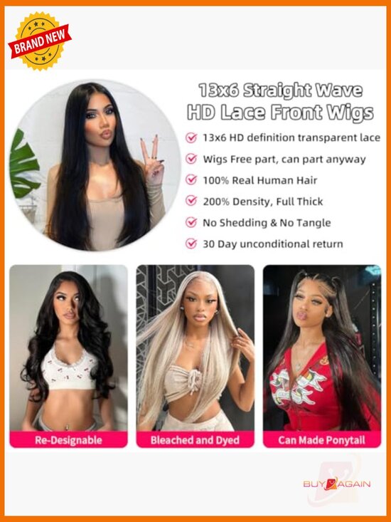 13x6 HD Lace Front Human Hair Wig 200 Density Straight Pre Plucked